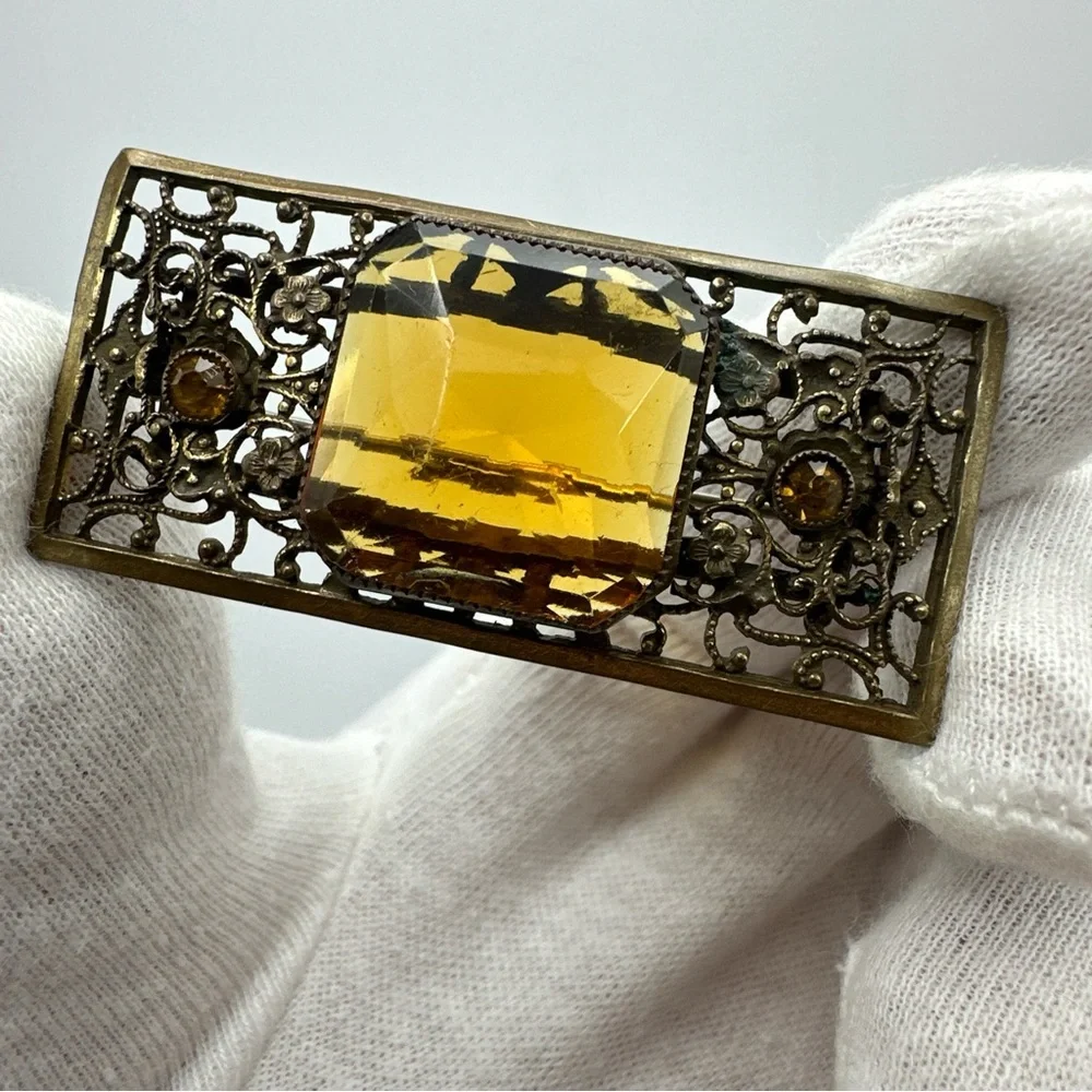Antique Edwardian‎ Brass Faceted Amber Glass Leaf Brooch #632
